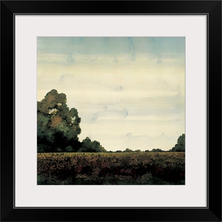 Contemporary painting of a flat landscape with trees in the distance.