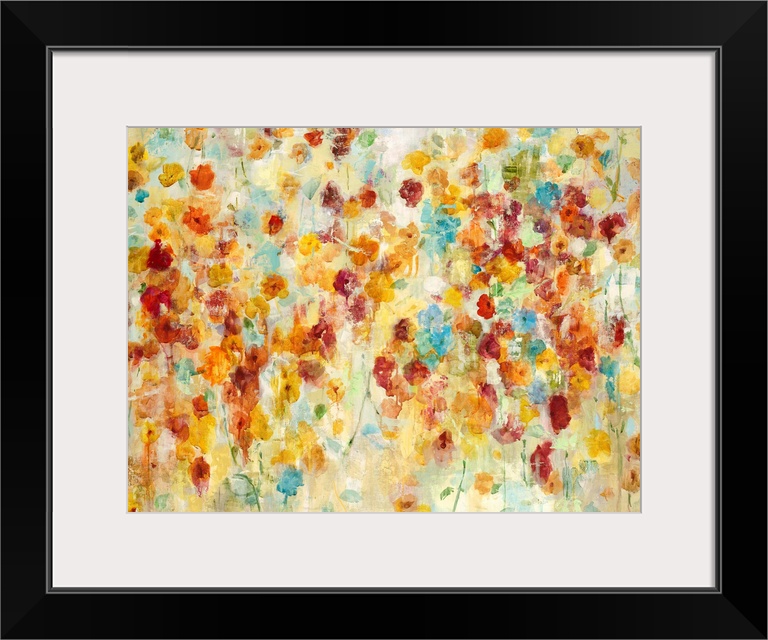 A contemporary abstract flower painting using warm red orange and red tones.