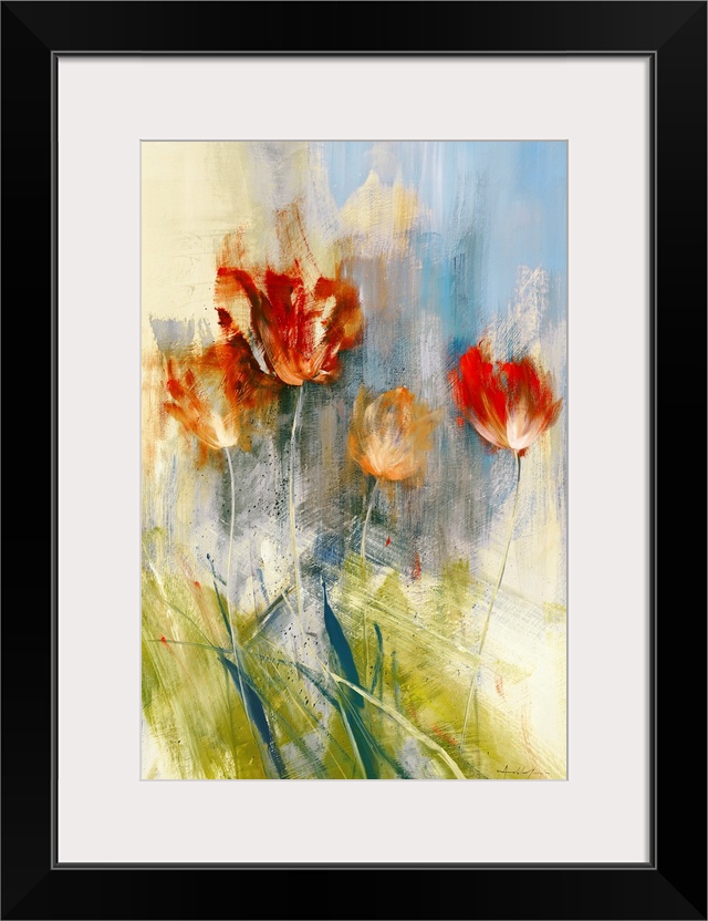 Huge contemporary art shows a group of four flowers.  Artist predominantly uses earth tones and lots of texture for added ...