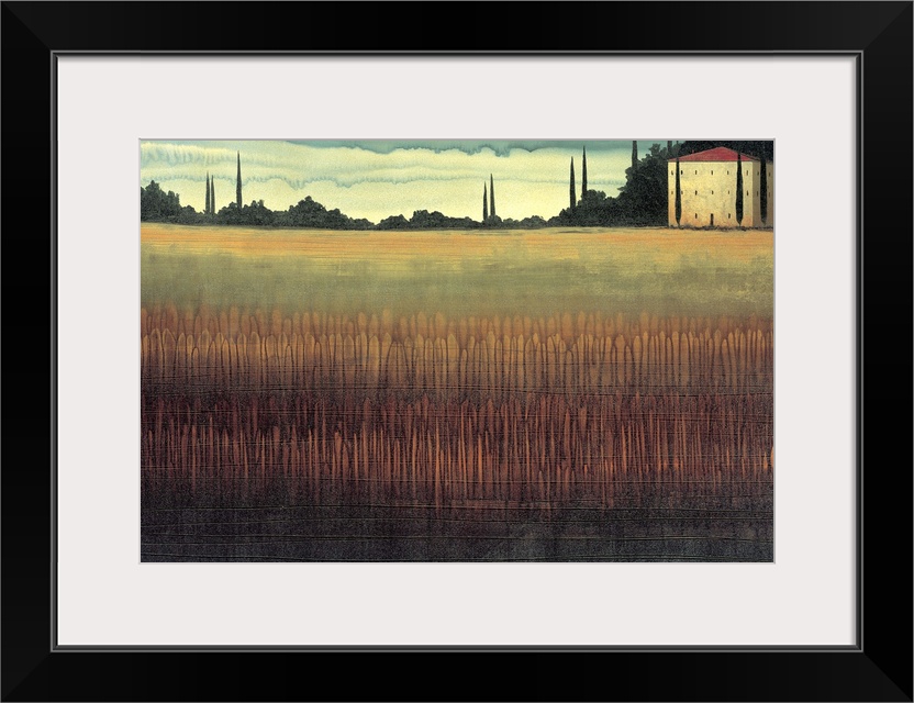 Contemporary painting of an idyllic Tuscan landscape of golden fields.