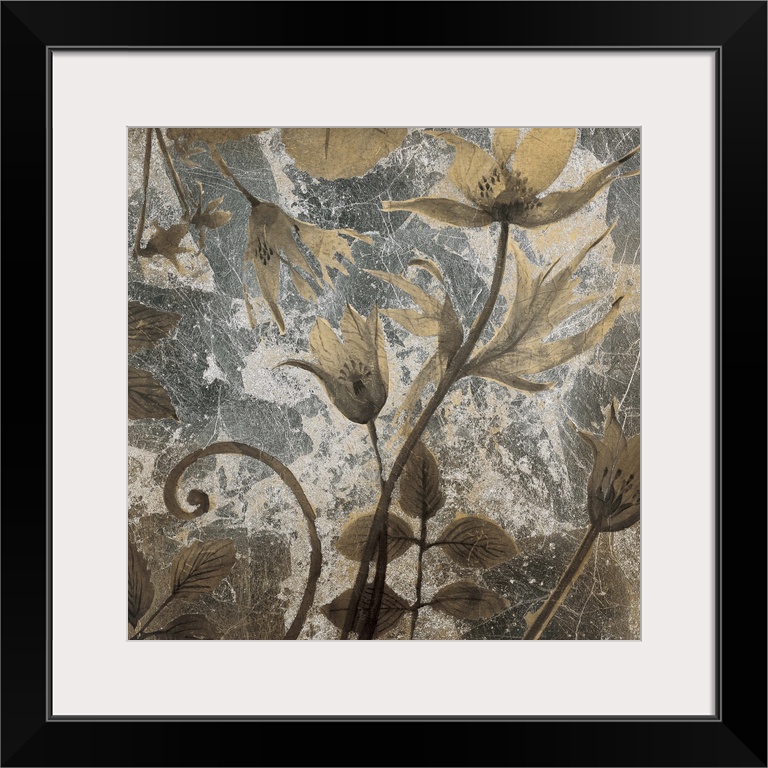 Contemporary painting of a neutral toned flowers against a weathered background.