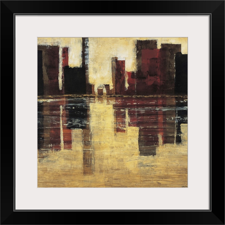 Contemporary abstract painting using earth tones and geometric shapes.