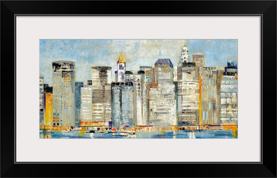 Contemporary abstract painting of a cityscape with buildings and boats reflected on the waterfront.