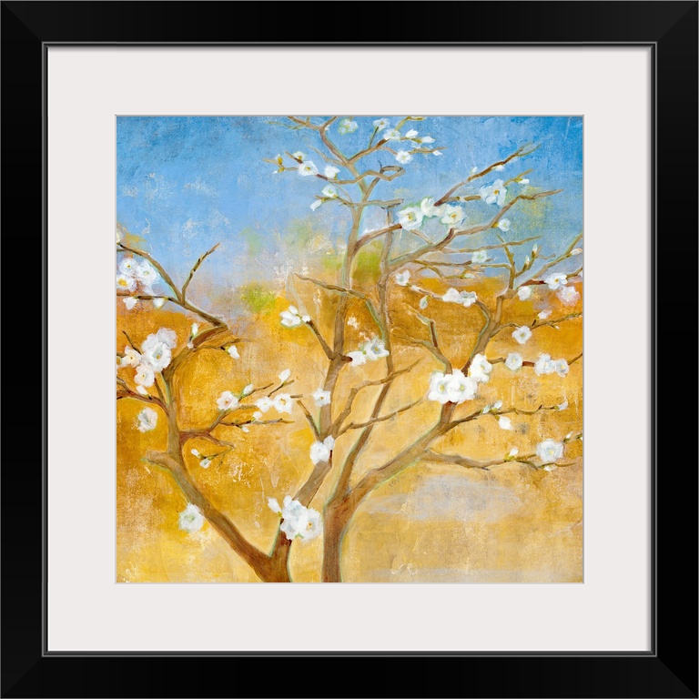 Decorative artwork perfect for the home of a thin tree that has white flowers blooming on its branches.