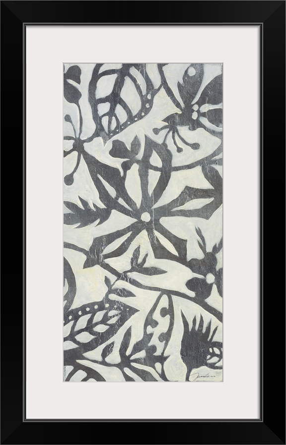 A long vertical design of a metallic silver and white floral pattern.