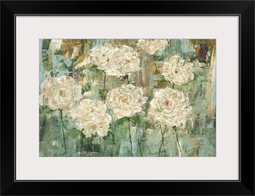 Contemporary painting of white flowers against a teal green background.