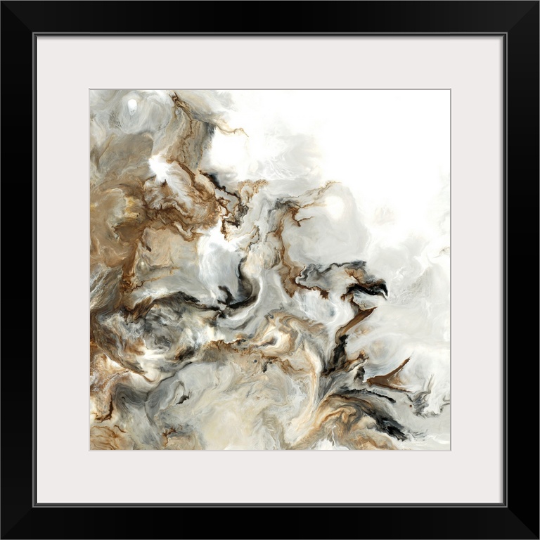 Abstract art with brown, black, gray, and white hues marbled together on a square background.