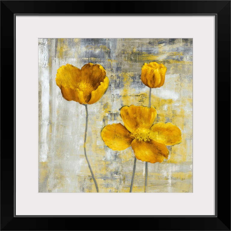 Square, large wall art docor of three yellow flowers with stems on a sponge like textured, grey and yellow background.