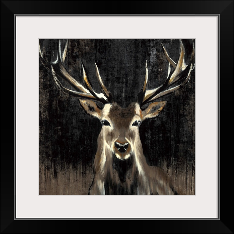 Contemporary painting of a stag against a dark background.