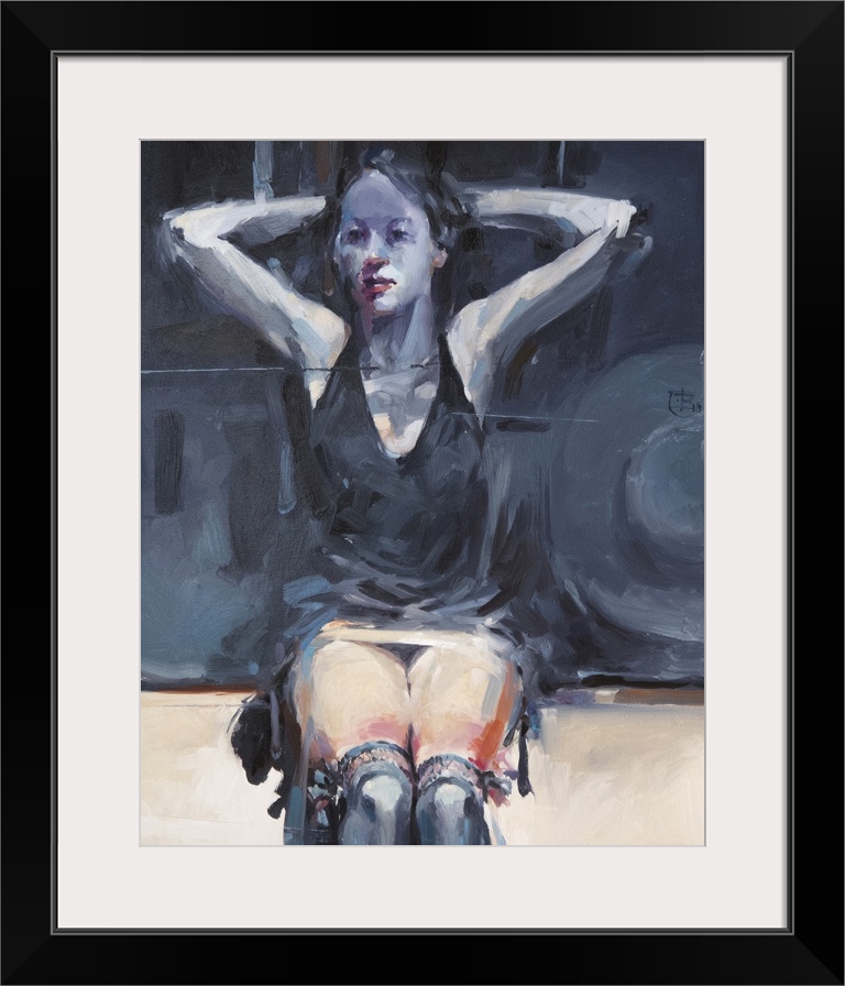 Moody blues and thick brush strokes illustrate a melancholy figure wearing an old-fashioned swimsuit in this contemporary ...