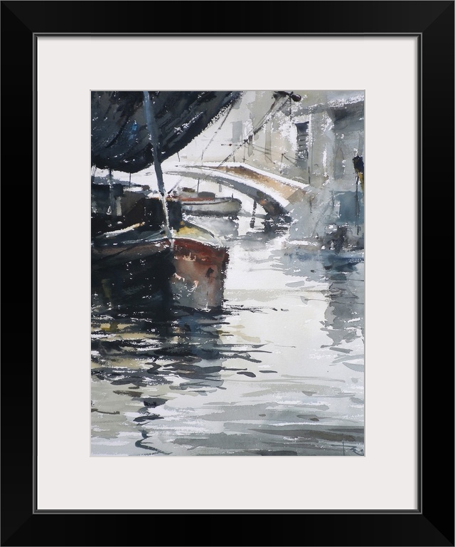 This contemporary artwork features dry watercolor brush strokes and heavy shadows to create a barge selling fruit on the c...