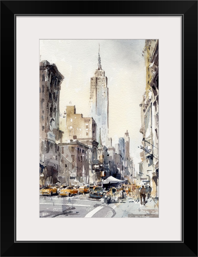 Energetic watercolor brush strokes in dark muted colors reflect the energy and weather of New York city life.
