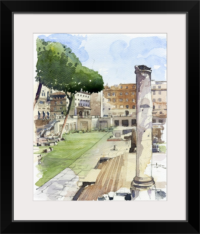 This bright scene uses vibrant greens to accentuate the ancient landscape of Rome.
