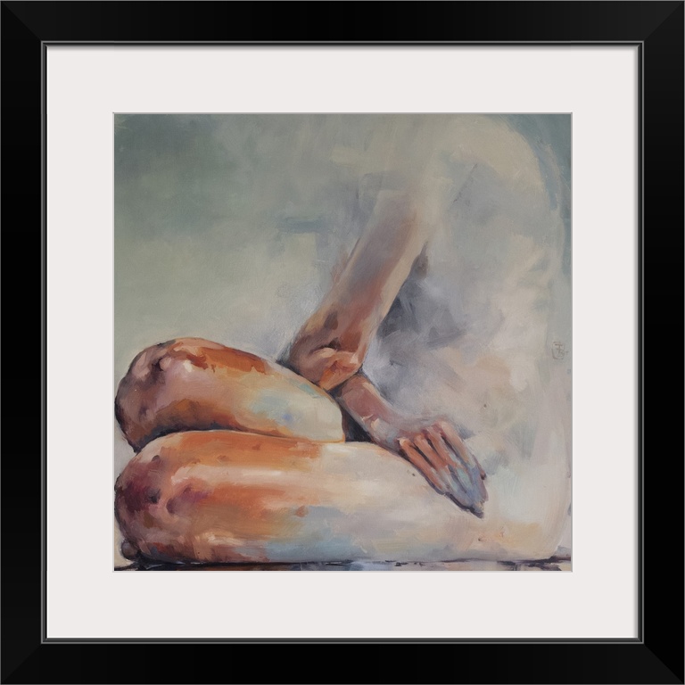 This contemporary artwork features a nude woman seated shaped from soft blues offset by bold orange colors.