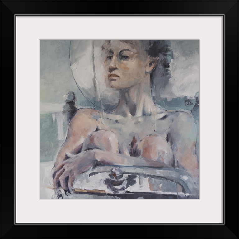 This contemporary artwork features a female model gazing into the distance shaped from soft blues offset by peach colors.