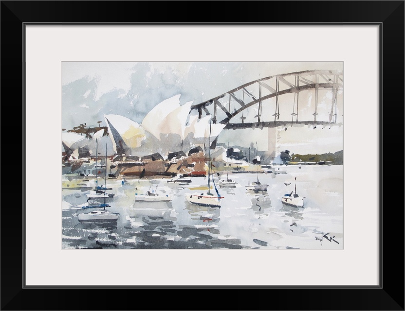 Gestural brush strokes of muted watercolors create a story of floating boats near the Sydney Opera House.