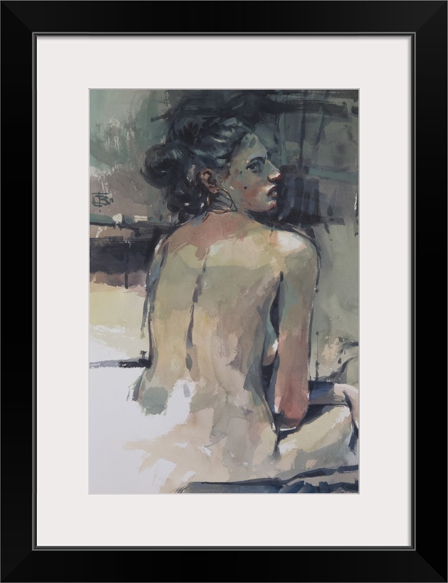 This contemporary artwork features a nude woman seated shaped from moody blues offset by warm tones.