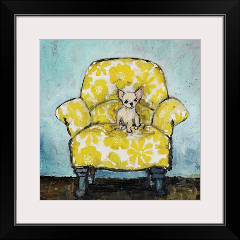 A whimsical composition of a small cream-colored dog sitting up in a large armchair covered in a bold, yellow floral print...