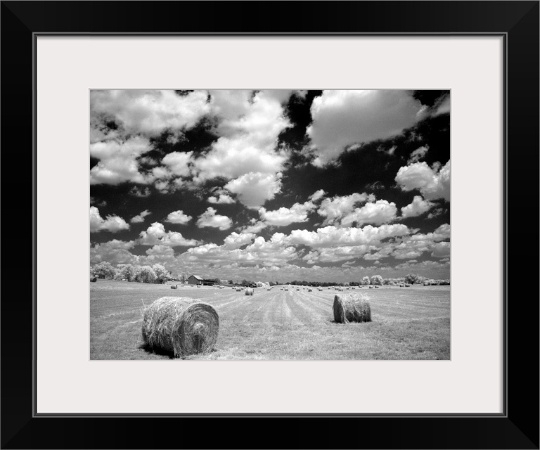 A hayfield with summer clouds