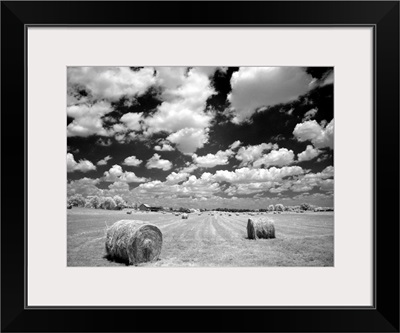 A hayfield with summer clouds