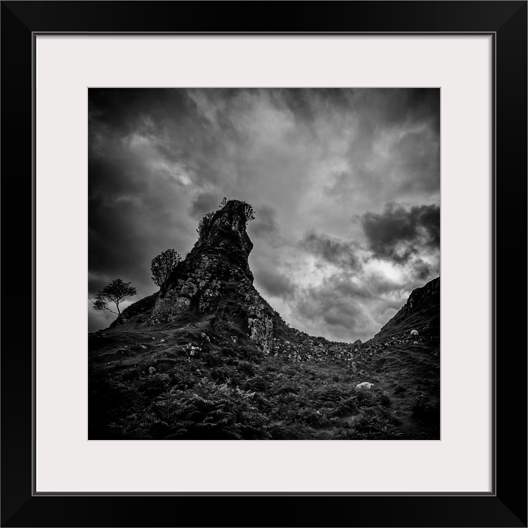 Tree-lined rock formations on the Isle of Skye