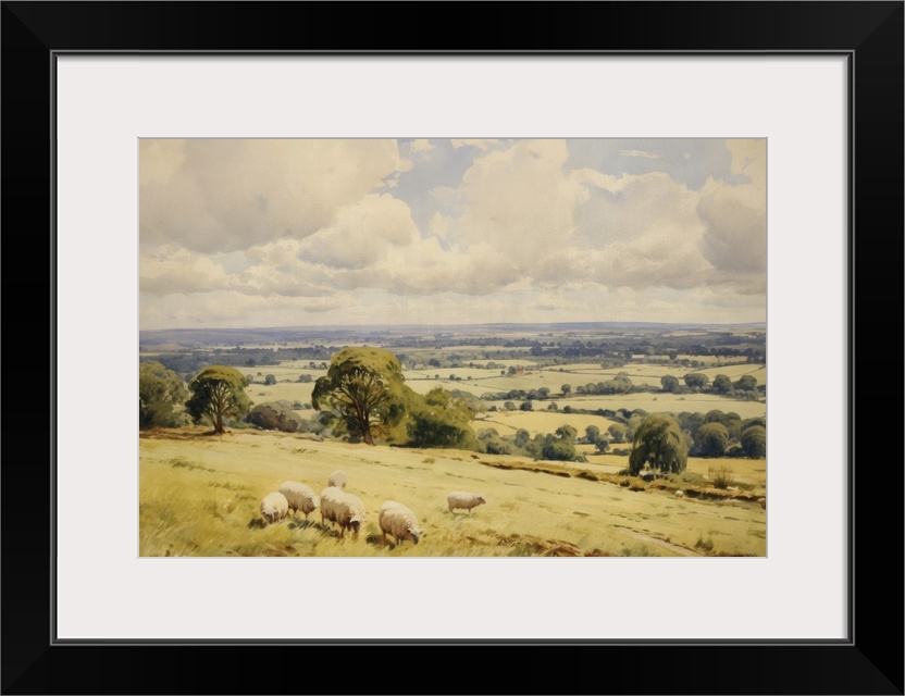 Sheep on the South Downs in West Sussex, England. Oak trees and distant views across the English countryside.