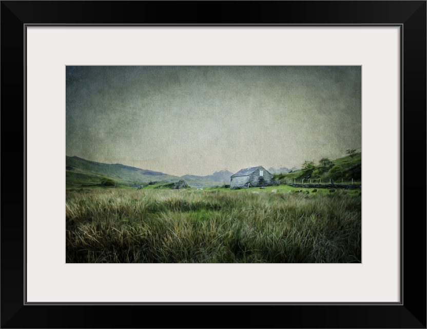 Romantic English landscape with grassland and an old stone barn. Painterly effect with texture. England.