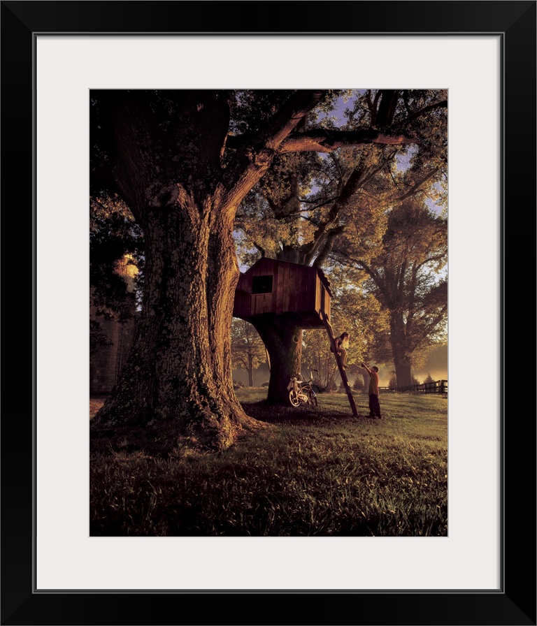 Two kids play on a treehouse on a rural farm in North Carolina