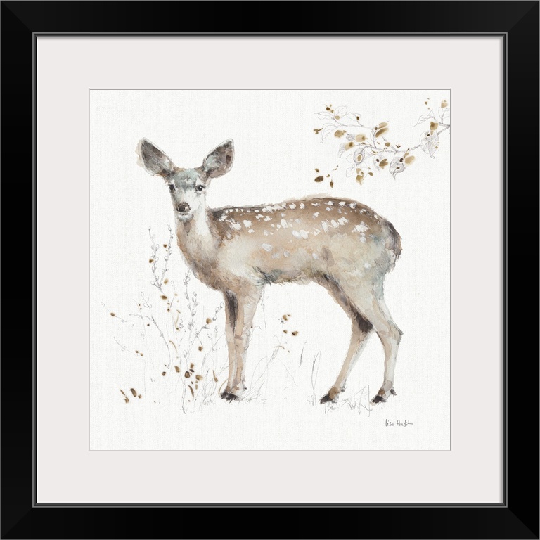 Decorative artwork of a watercolor deer perched on a branch against a white background.