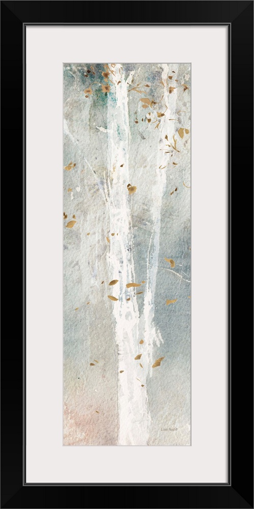 Decorative artwork of a white slender trees with fluttering brown leaves over a subdued gradated background.