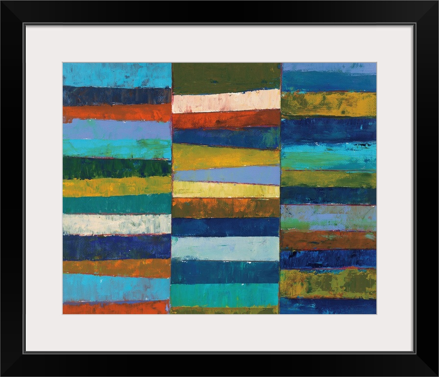 A bright geometric abstract painting featuring blocks of color stacked in three columns. It has a coastal feel.
