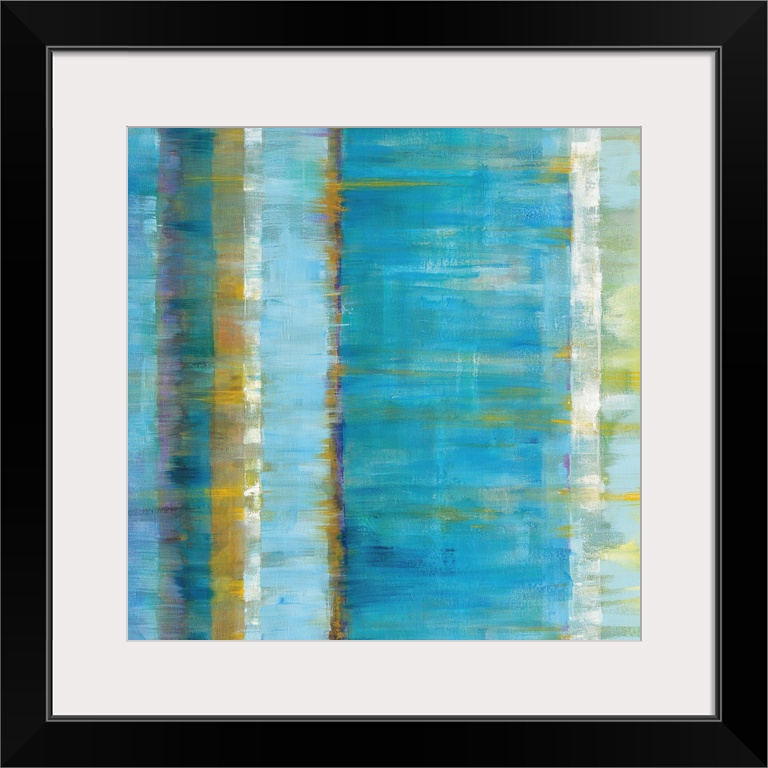 Abstract contemporary artwork in cool blue and golden tones.