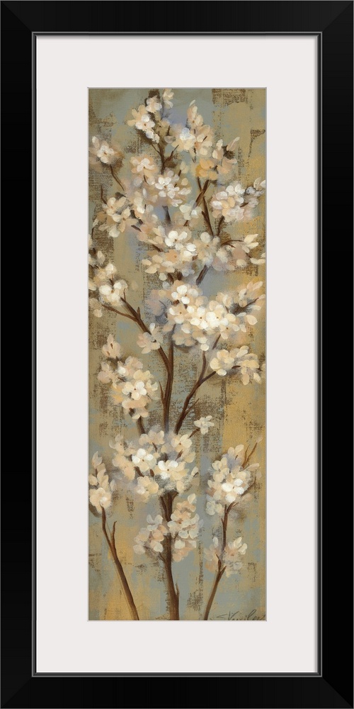 Vertical panoramic painting of long vertical branches covered in small flowers.