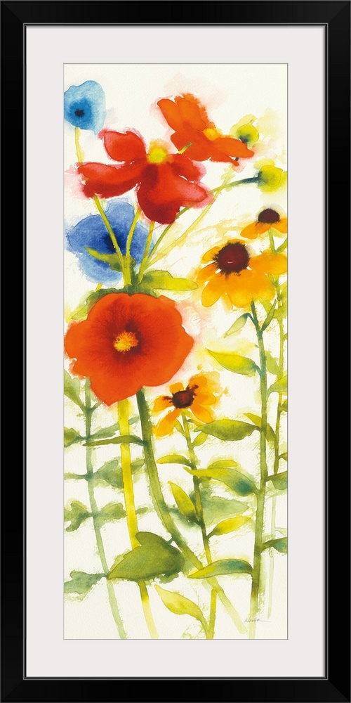 Tall watercolor painting of red, yellow, and blue flowers on a white background.