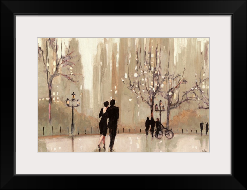 A couple walking in a loving embrace through an urban park.