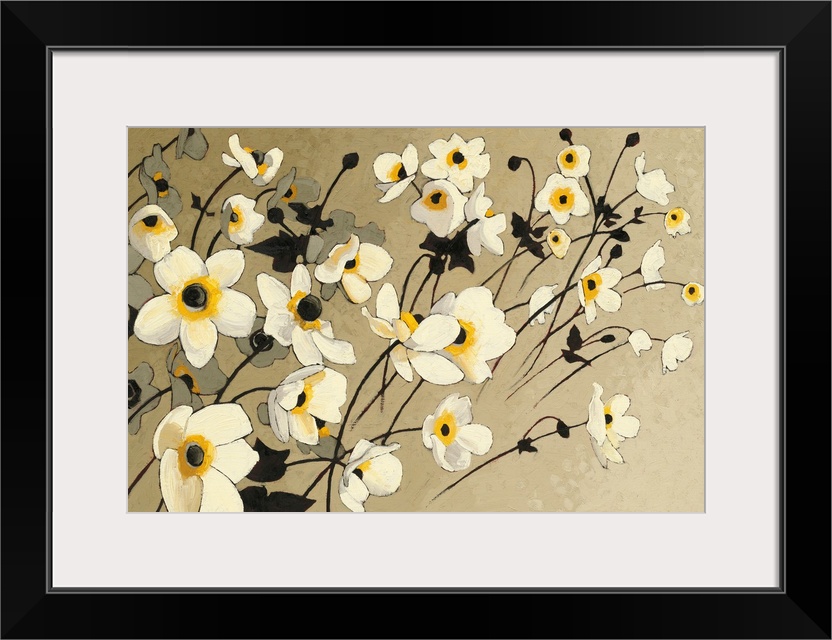 Contemporary painting of garden flowers in white tones against a neutral background.