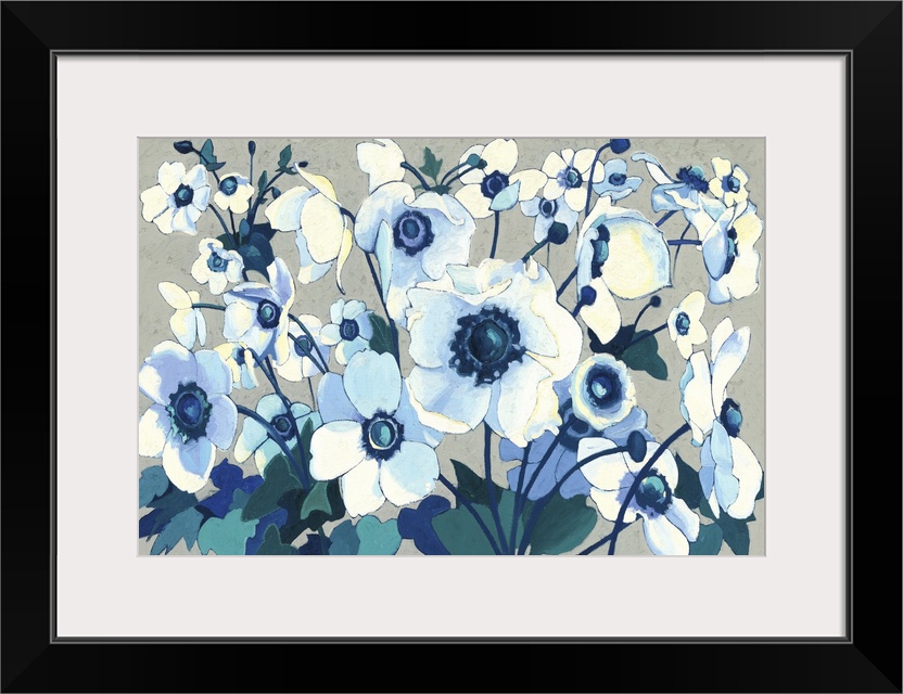 Contemporary painting of garden flowers in blue tones against a neutral background.