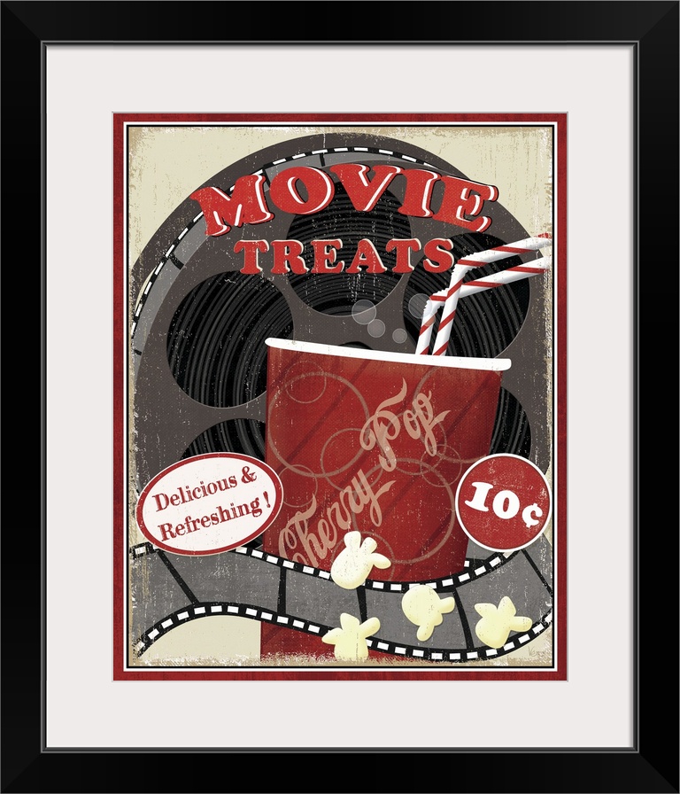 A vintage poster of a movie reel with a cup of soda drawn in front of it and some kernels of popcorn at the bottom.