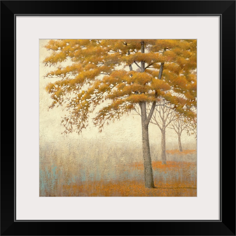 Painting on canvas of a line of trees in a foggy landscape.