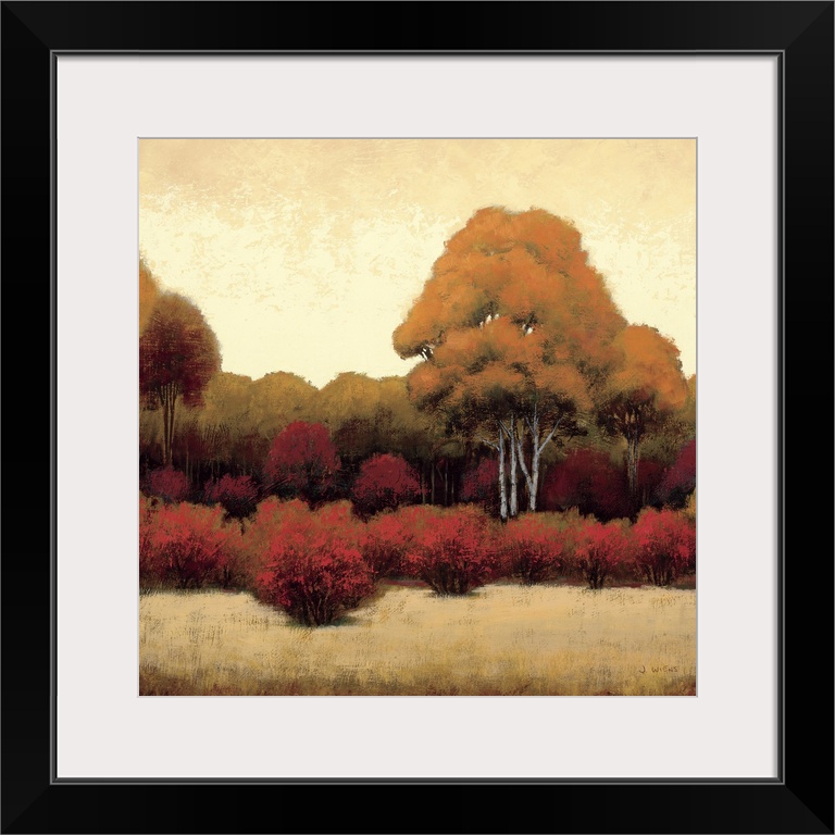 Square home art docor on a large canvas of a warm landscape of trees and bushes on a golden background of sky and ground. ...