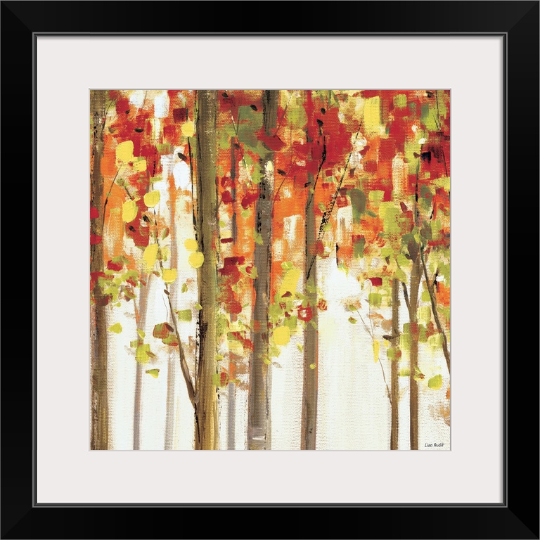 Contemporary painting of tree tops covered in fall colored foliage.