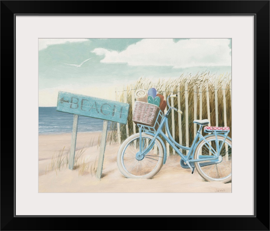 Contemporary artwork of a bicycle leaned up against a sand dune fence on a beach.