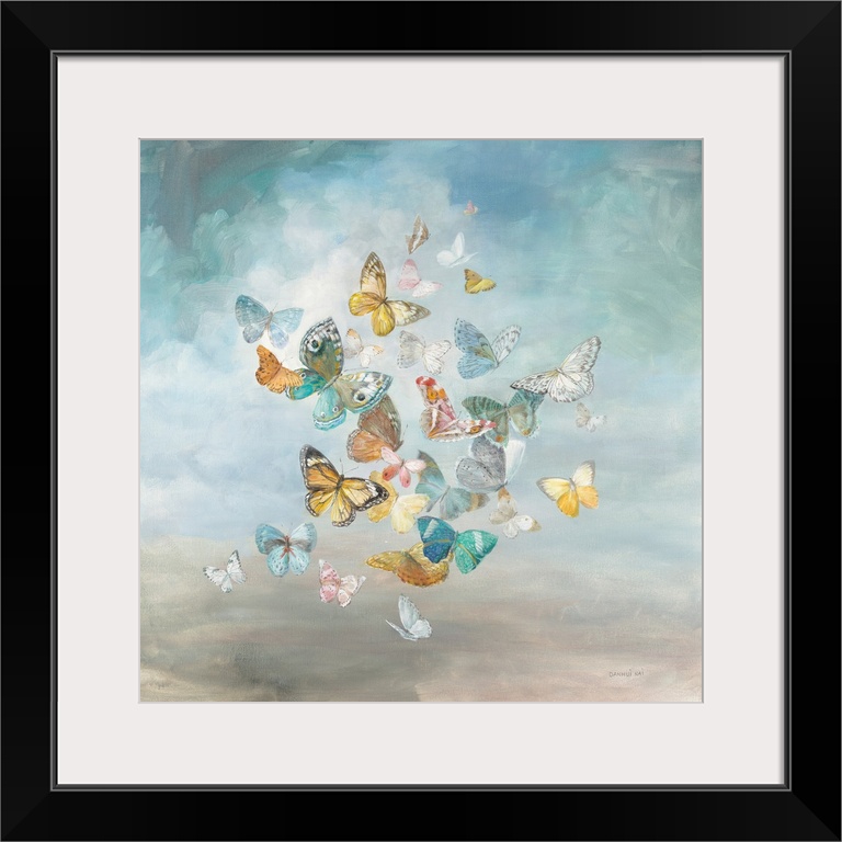 A decorative square painting of a group of colorful butterflies.