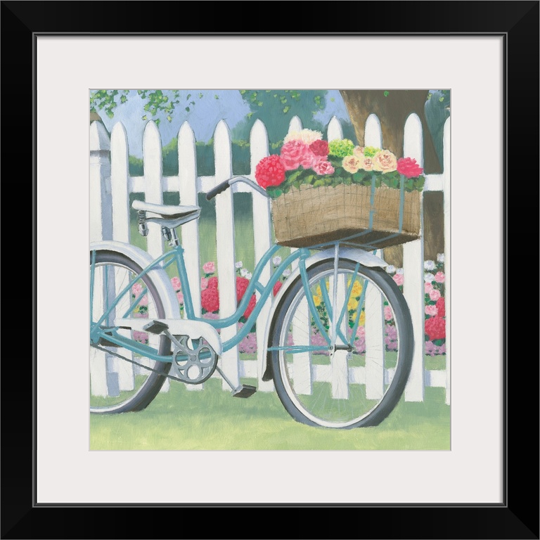 Square contemporary painting of a blue bicycle and a front basket of flowers leaning on a white picket fence.