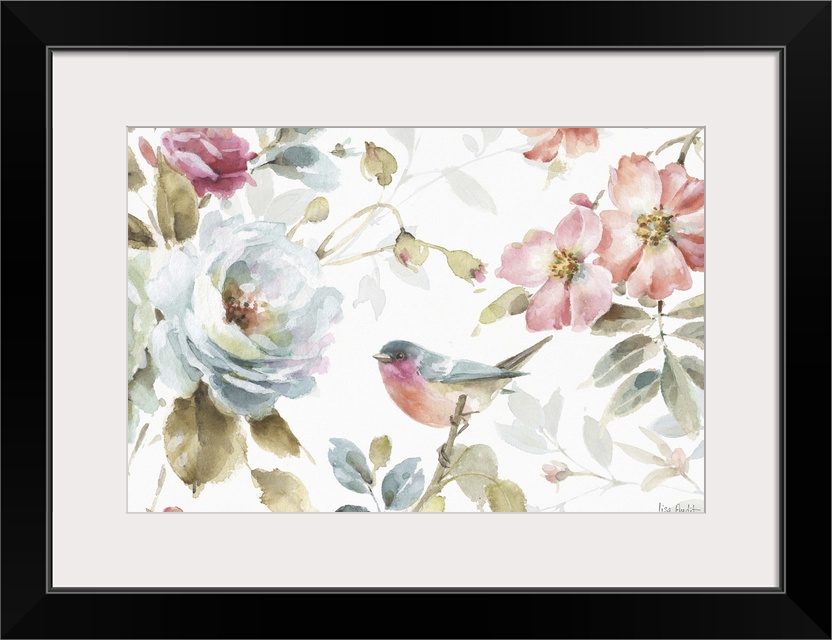 Watercolor painting of a bird surrounded by pink and blue flowers.