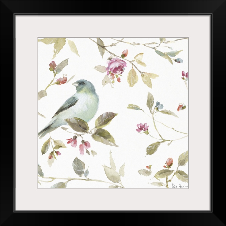 Square watercolor painting with a blue songbird surrounded by leaves and pink buds and flowers.