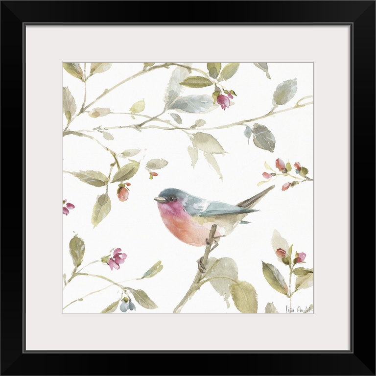 Square watercolor painting of a colorful songbird perched on a branch and surrounded by leaves, flowers, and flower buds.