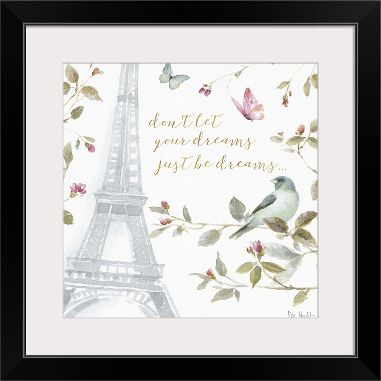 Square watercolor painting of the Eiffel Tower surrounded by flowers, leaves, butterflies, and a blue song bird with the q...