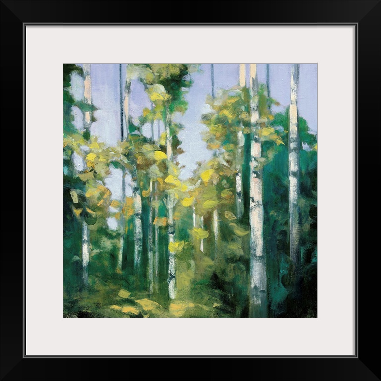 Contemporary artwork of a forest of birch trees with green leaves.