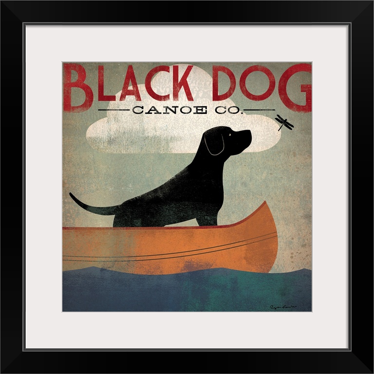 Contemporary artwork of a stylized black dog sitting in a canoe looking at a dragon fly with an overall grungy looking tex...
